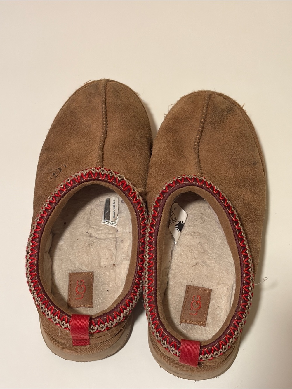 UGG Brown Suede Slip-On House Shoes with Red Trim